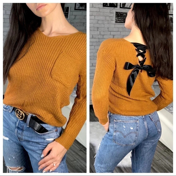 Lace Up Back Sweater Camel - Picture 9 of 12